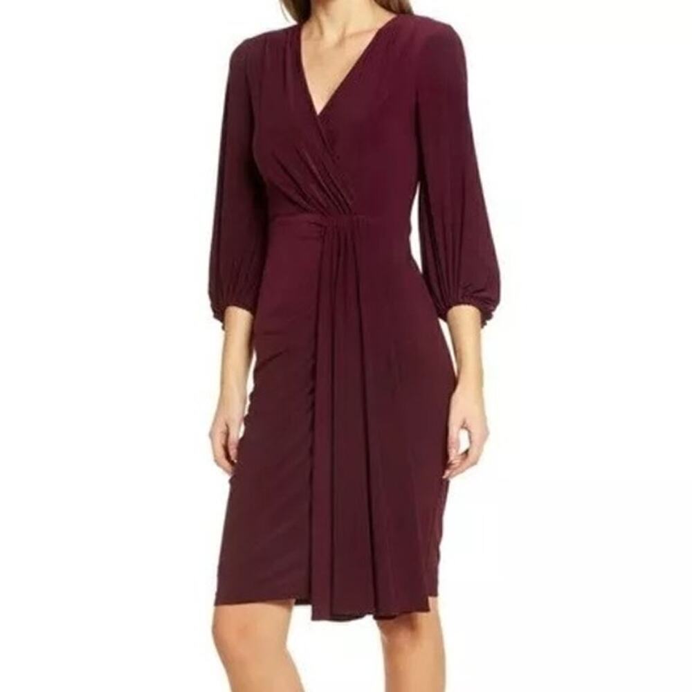 Eliza J Faux Wrap  Dress Pleated Ruched 3/4 Sleeve Knee Length Sheath Wine Red 2